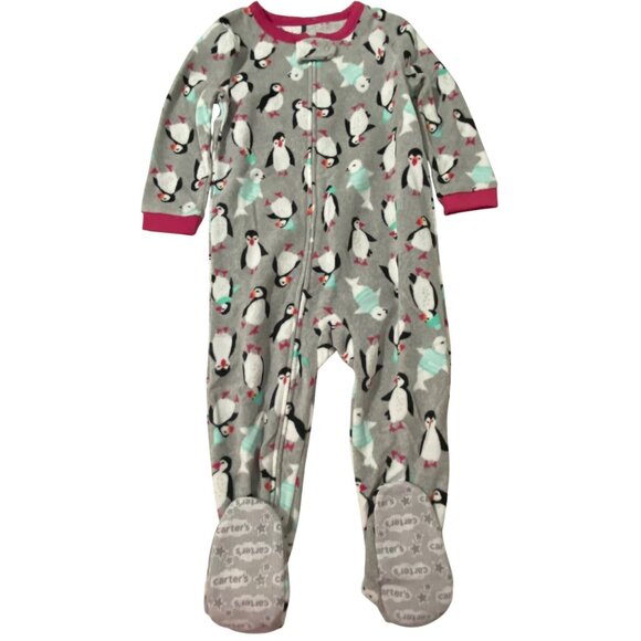 Carter's Fleece Footie Pajamas Girls 2T Gray Novelty Penguin Seal Warm Fuzzy - Picture 1 of 5